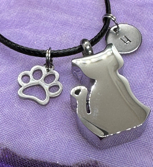 Sitting Cat Memorial Necklace - Personalised Cremation Pendant with Initial and Choice of Charms