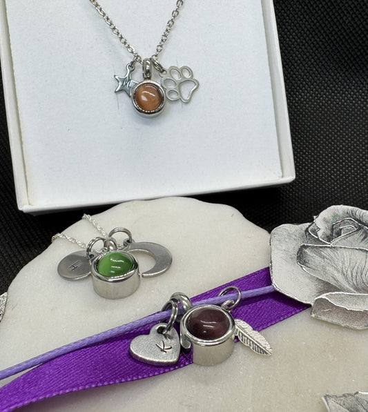Gemstone Locket Memorial Necklace - Personalised Keepsake Pendant with Initial and Choice of Charms