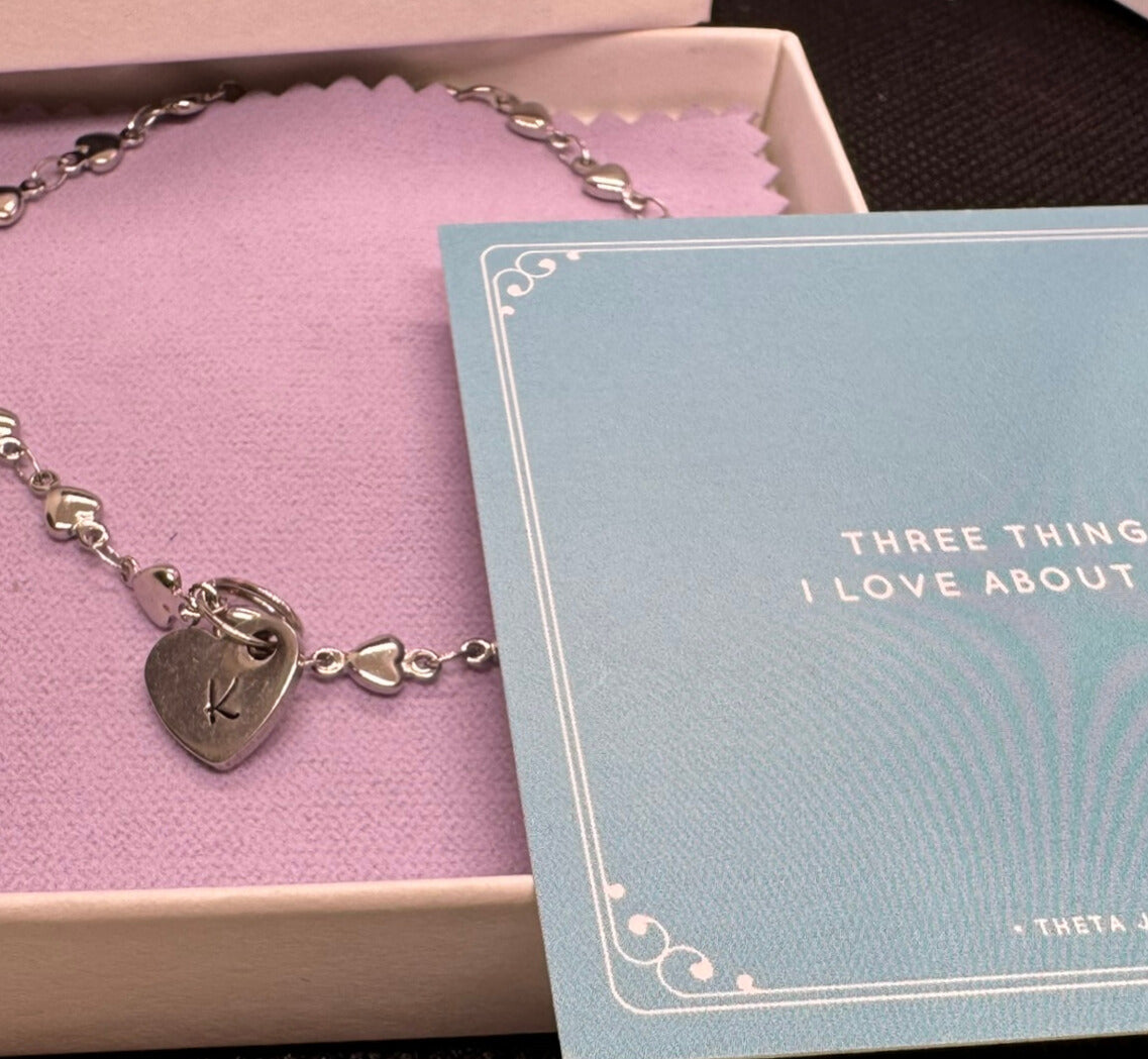 Letterbox Love Charm Bundle - Hand-Stamped Bracelet Gift Set with Handmade Card & ‘3 Things I Love About You’ Card