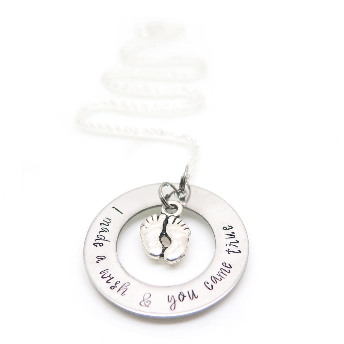 The New Baby Necklace - Hand Stamped Necklace with Baby Feet Charm for New Mums