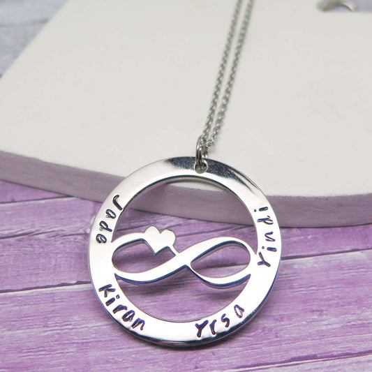 Personalised Infinity Necklace hand stamped with names